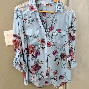 Light Blue & Fuschia Floral Blouse w/Lace Shoulder